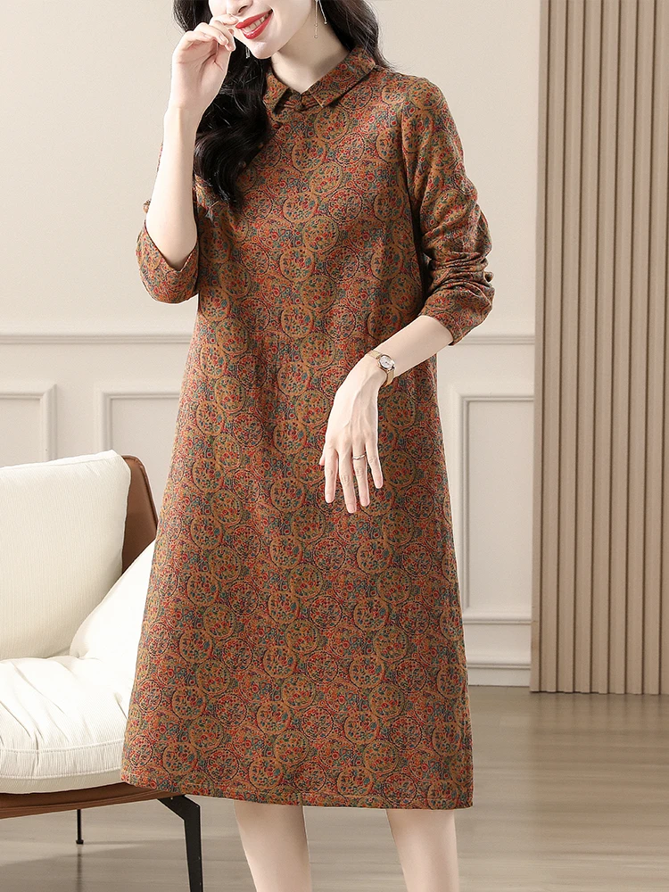 Middle-Aged Mom Temperament Dress Women 2024 Fashion New Autumn clothes Small Lapel Print Retro Sense Midi dress
