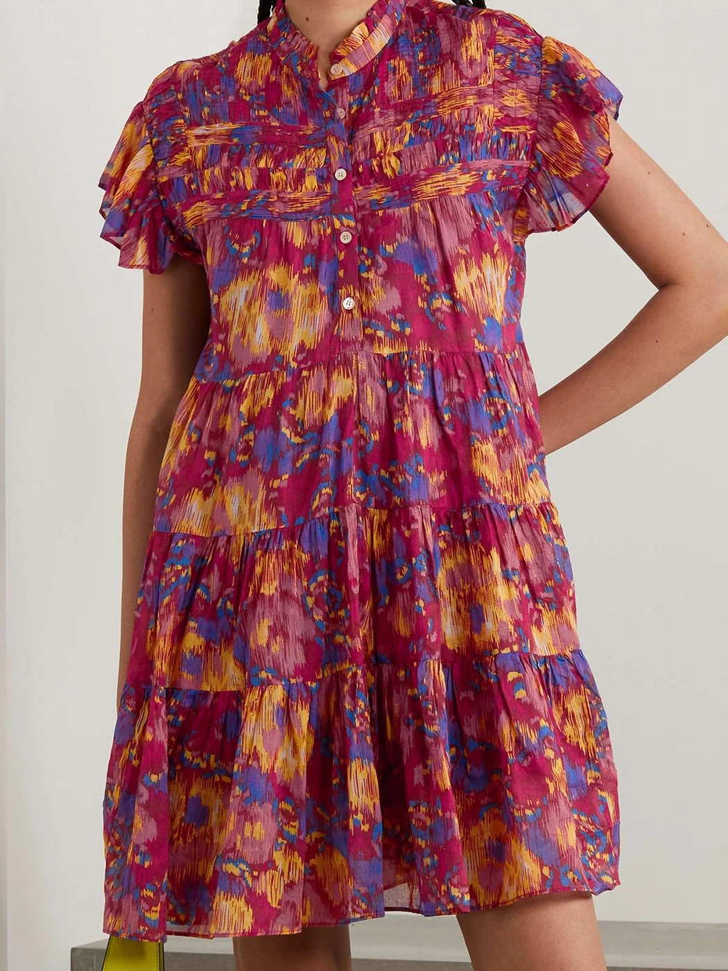 

France Chiffon Mini Dress Luxury Women Chic Print Stand Collar Ruffle Short Sleeves Loose Vestidos Casual Holiday Summer Dresses