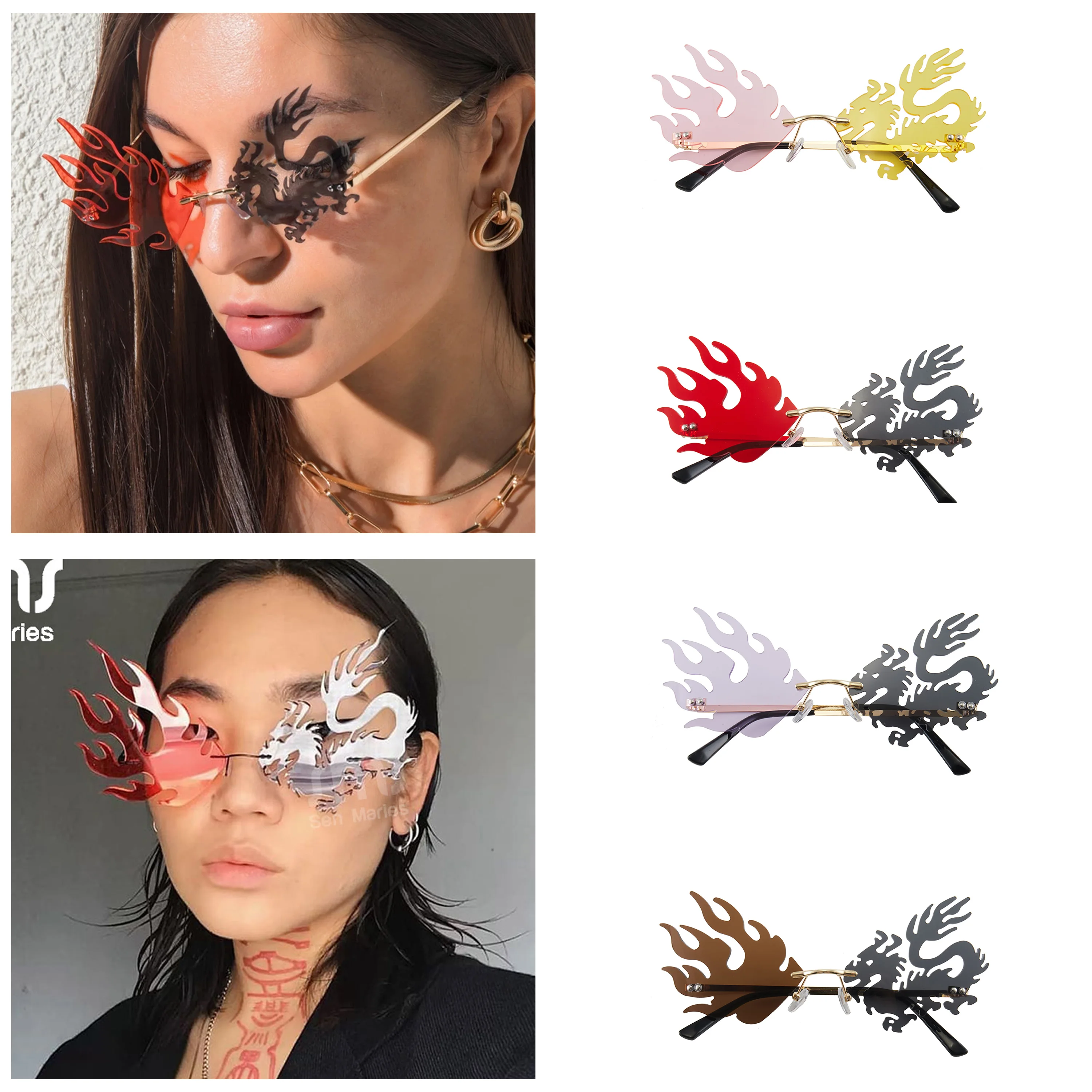 

Artisan Fashion Rimless Dragon Phoenix Sunglasses Punk Flame Women Men Party Eyewear Narrow Mirror Lens Black Shades Eyeglasses