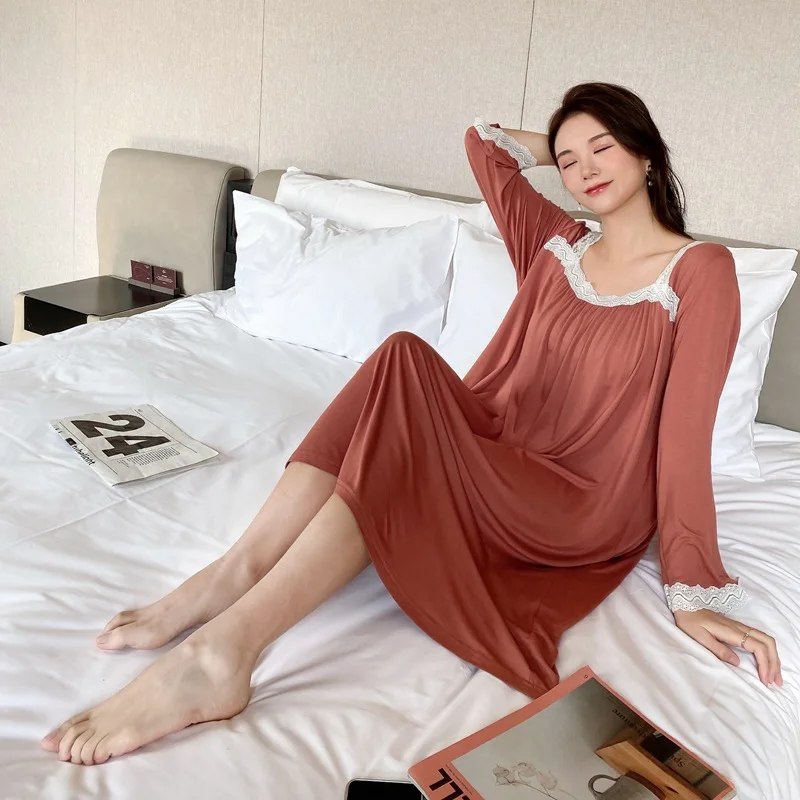 2022 Spring Long Sleeves Modal Cotton Nightdress LADY Lace Pajamas Plump Girls Loose Casual Homewear Outer Wear Nightgown Women