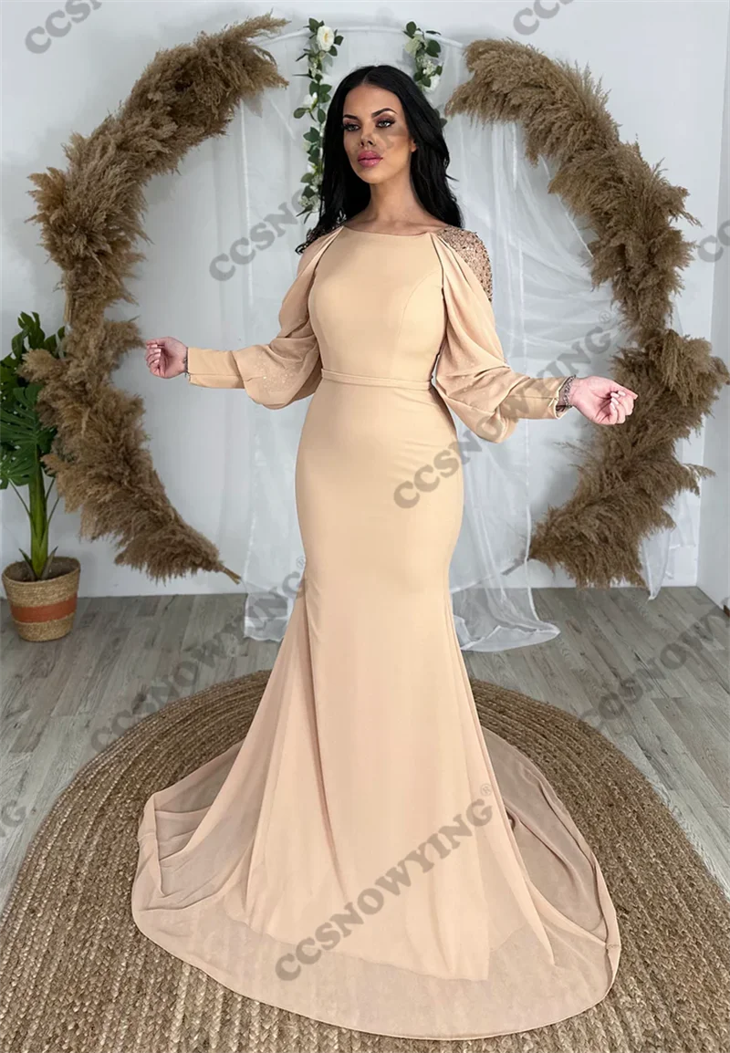 

Chiffon Beaded Muslim Evening Dresses Long Sleeve Scoop Neck Hijab Islamic Formal Party Gown Women Arabic Dubai Robes De Soirée