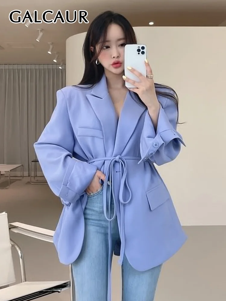 

GALCAUR Vintage Lace Up Blazer For Women Notched Collar Long Sleeve Solid Minimalist Blazers Female Autumn Clothing Style New