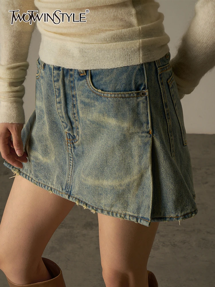

TWOTWINSTYLE Casual Denim Skirt For Women High Waist Solid Minimalist Solid Mini Shorts Skirts Female Fashion Summer Clothes New