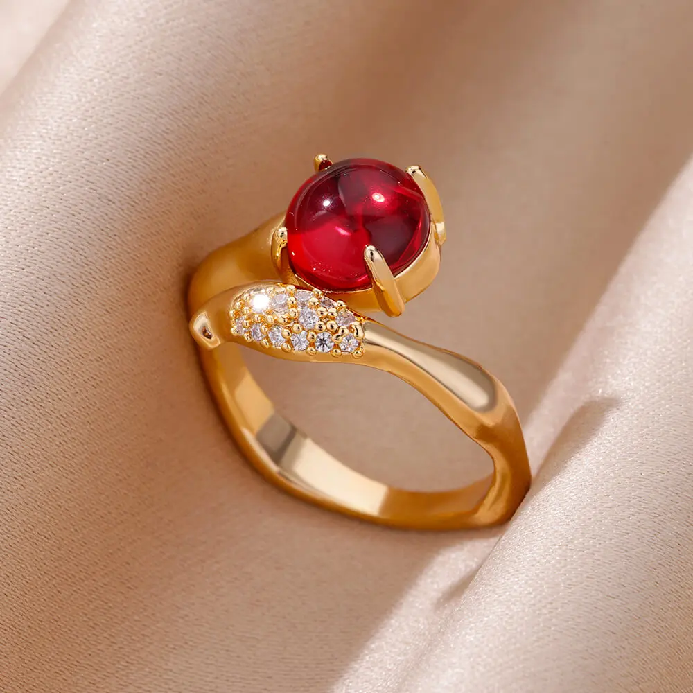 

Red Zircon Round Rings For Women Gold Plated Stainless Steel Adjustable Round Ring 2023 Trend Wedding Aesthetic Jewelry Gift