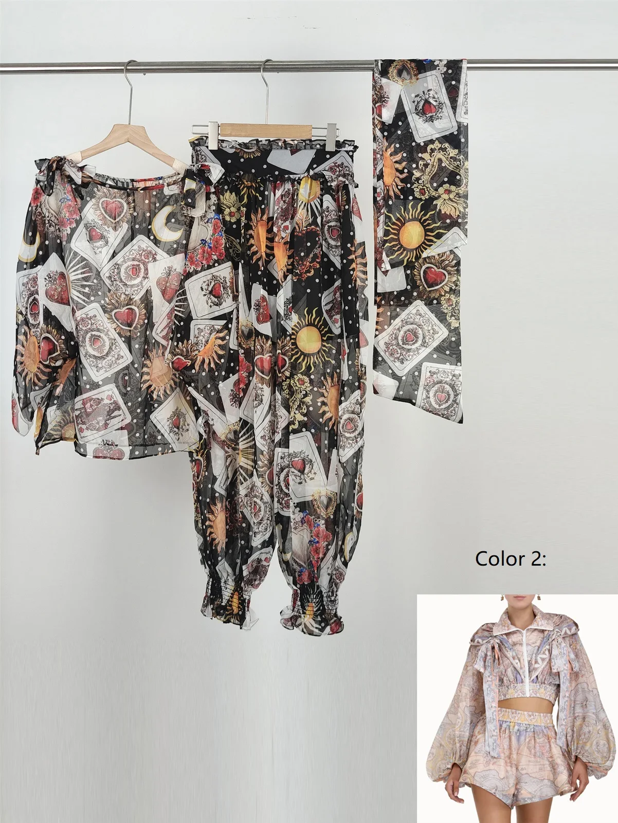 2023 New Women Lantern Sleeve Stand Collar Print Tops With Shorts