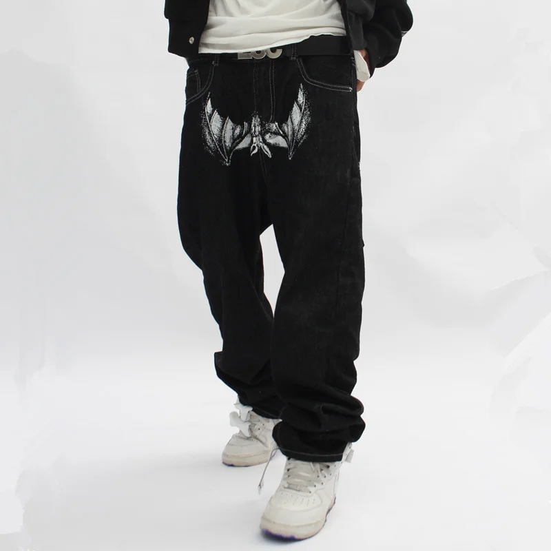 2022 Gothic Jeans Men Hip Hop Streetwear Bat Mask Printed Punk Denim Pants Fashion Casual Baggy Pants Straight Trousers Black