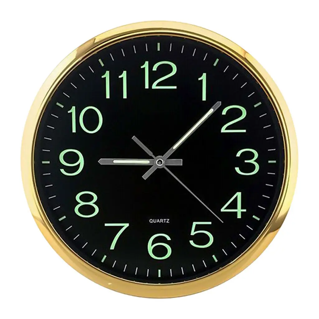 

12 Inch Round Large Luminous Wall Clock Glow in the Dark Non-Ticking Indoor Decor -Golden