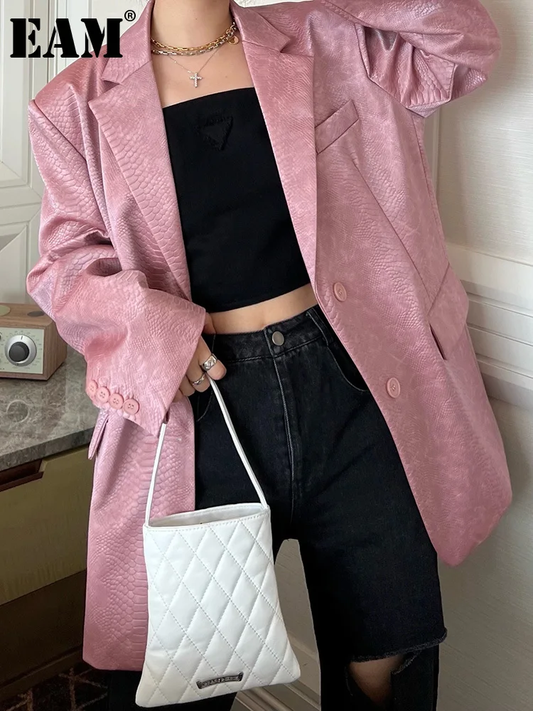 

[EAM] Loose Fit PU Leather Pink Color Big Size Jacket New Lapel Long Sleeve Women Coat Fashion Tide Spring Autumn 2022 1DE7758