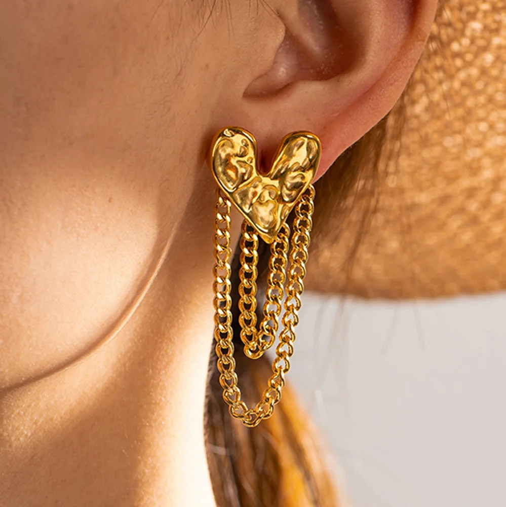 

Minar Exaggerated Metallic Love Heart Dangle Earrings for Women 18K Gold PVD Plated Stainless Steel Long Chain Tassel Earring