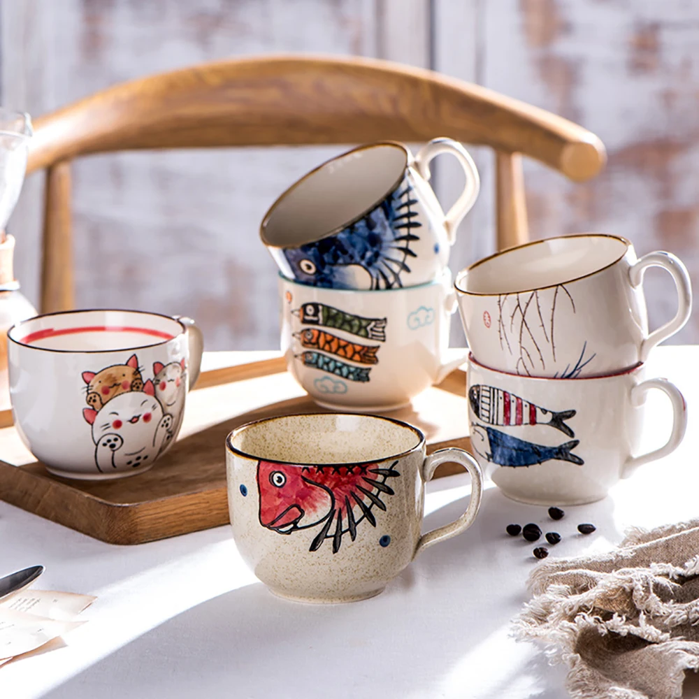 

Vintage Coffee Mug Unique Japanese Cartoons Style Ceramic Cups, 500ml Hand Painted Breakfast Cup Creative Gift for Friends
