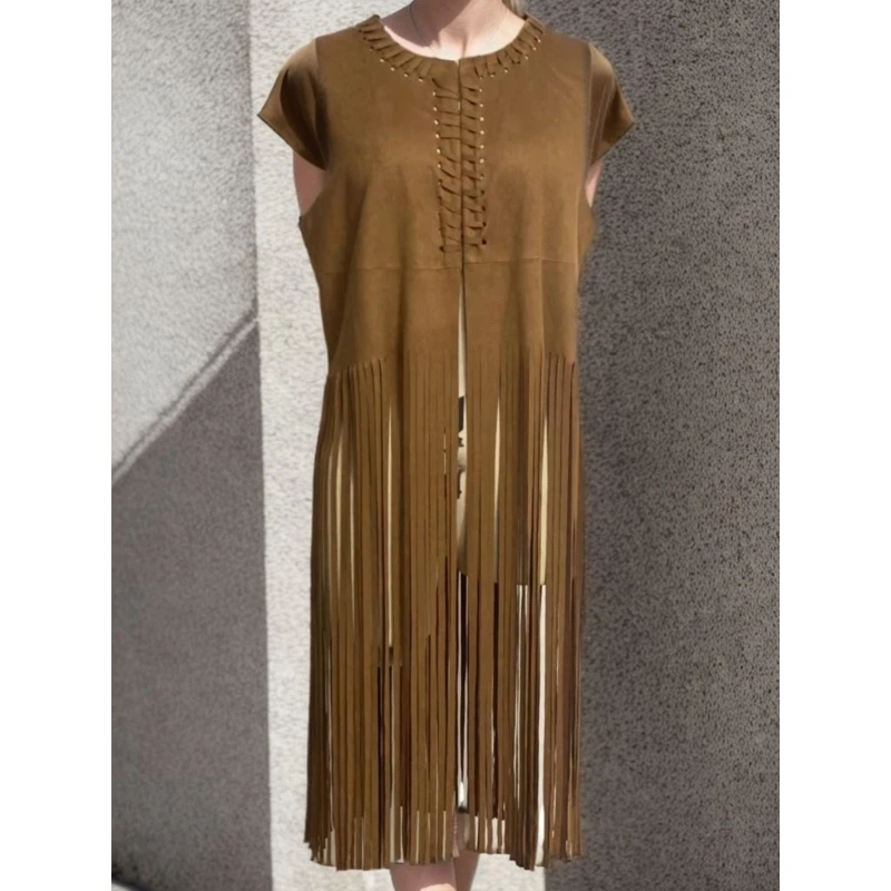 

Fringe Vest Women Faux Suedes Cowgirl Costume Open Tassels Hippie Clothes