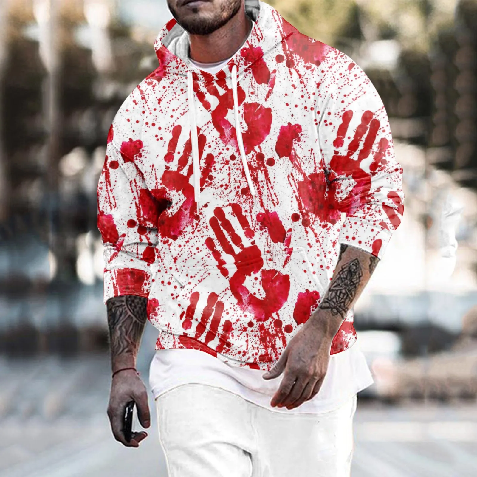 

Male Winter Street Leisure Travel Outdoor Sports Halloween Festival Print Slim Hooded Long Sleeve Sweater With Pockets