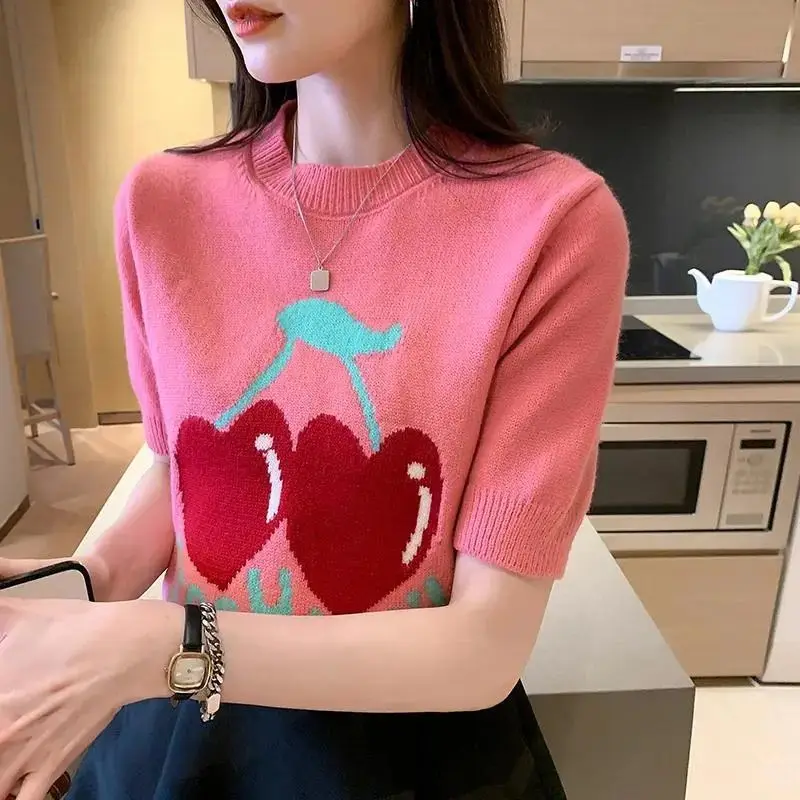 

Red Cherry Short Sleeve Sweater T-shirt Women's New Sweet Coat