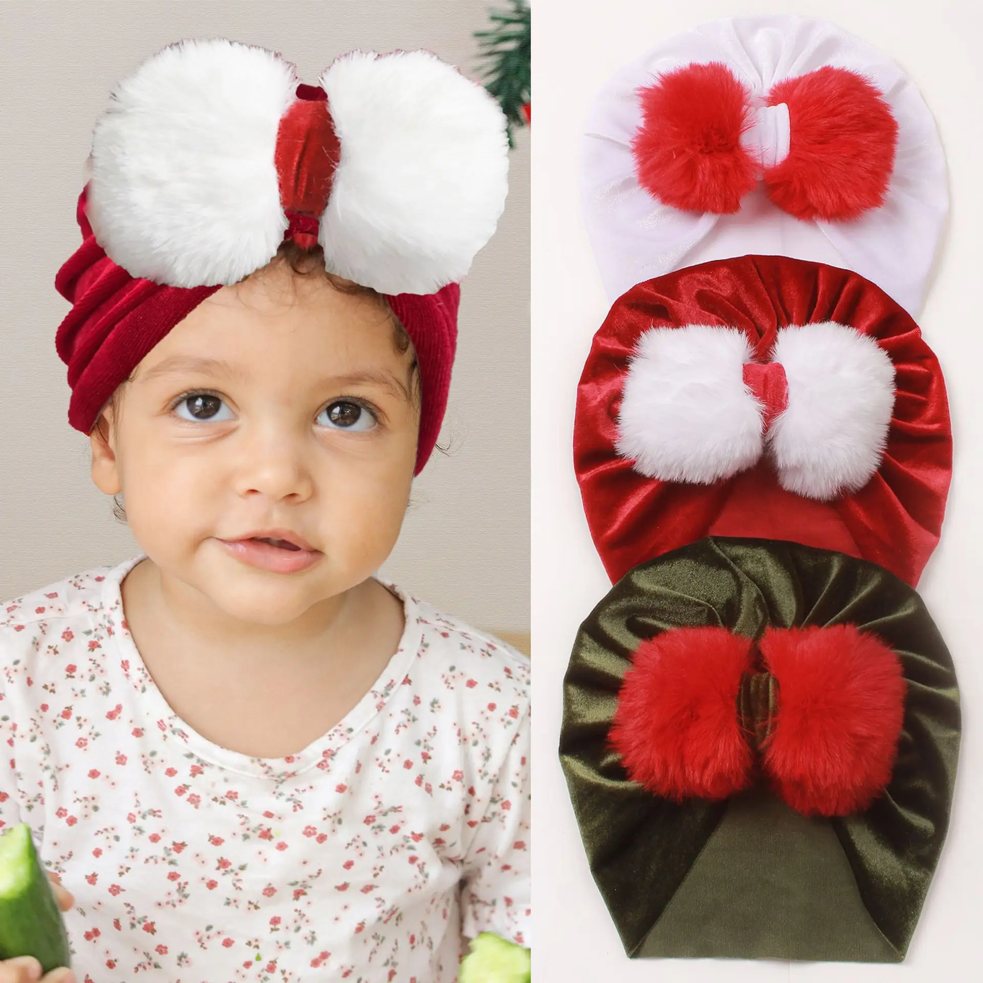 

12pc/lot Christmas Turban Baby Fur Bow Head Wraps Christmas Baby Girls Boys Turban Newborn Infant Cap Beanies Caps Kids Headwear