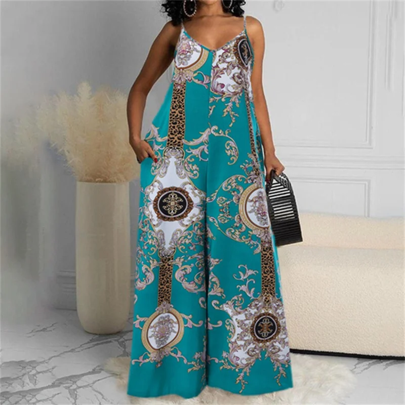 Suspender Sleeveless Print Backless Loose Jumpsuit 2022 Summer Women Casual Sexy Outdoor Party Clothing Sunshine Beach Bohomian