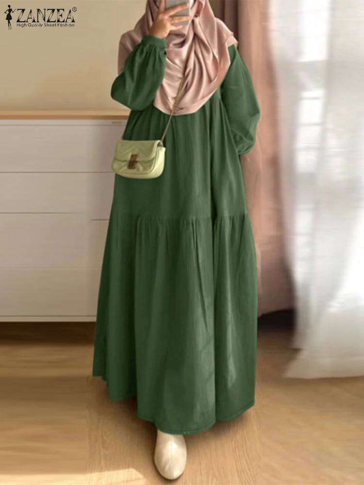 ZANZEA винтажное женское однотонное платье с длинными рукавами осеннее