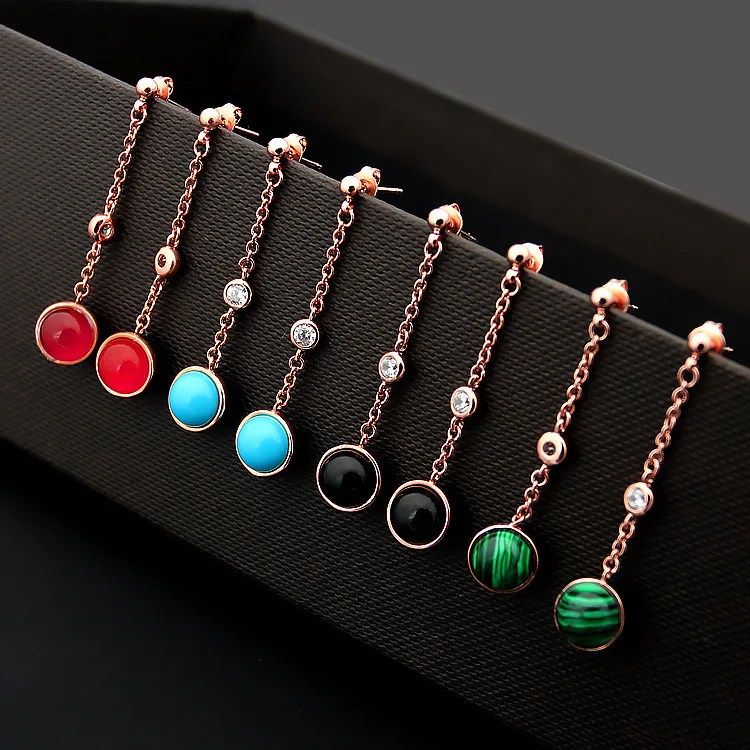 

Fashion Trendy Diamond Hanging Rotating Round Bead Stone Stud Black Red Agate Turquoise Brand Dearrings Stud