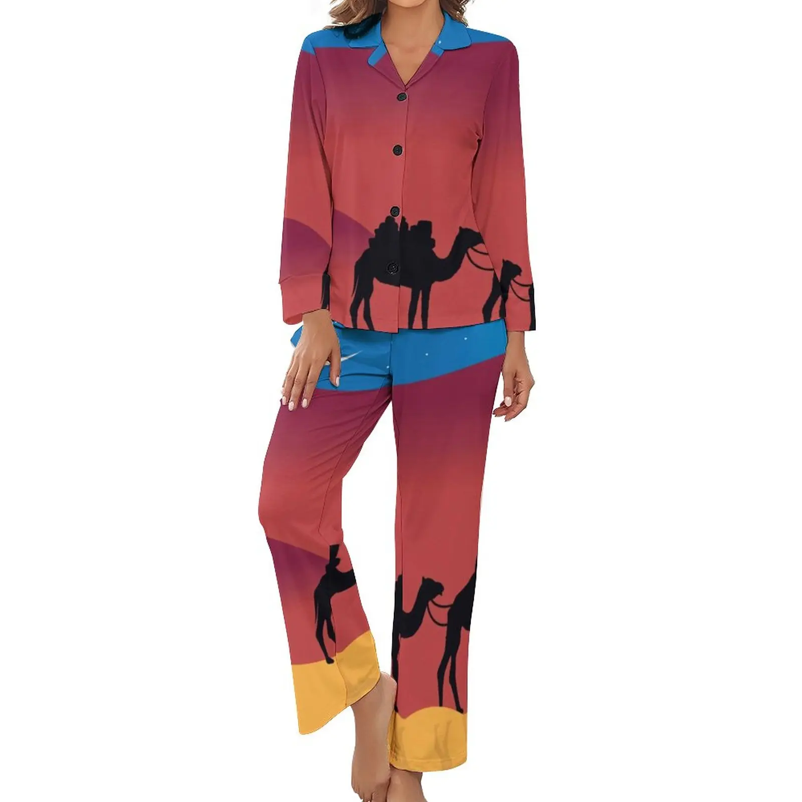 

Cartoon Desert Print Pajamas Two Piece Riding Camel Lovely Pajama Sets Womens Long Sleeve V Neck Home Graphic Nightwear