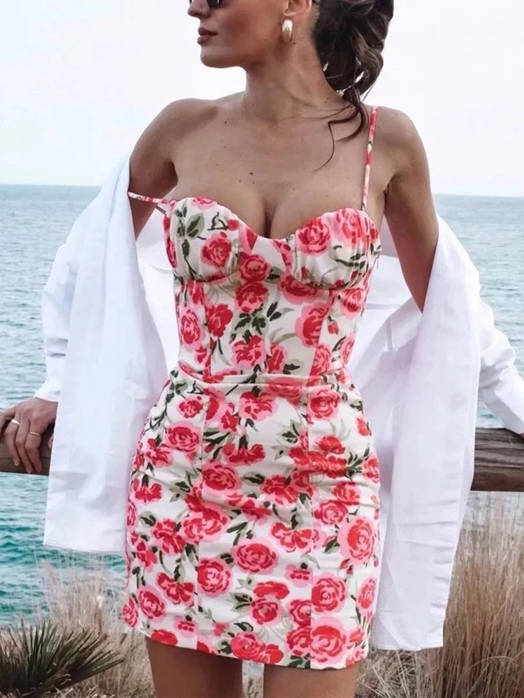 

Платье-корсет женское розовое без рукавов с открытой спиной и цветочным принтом