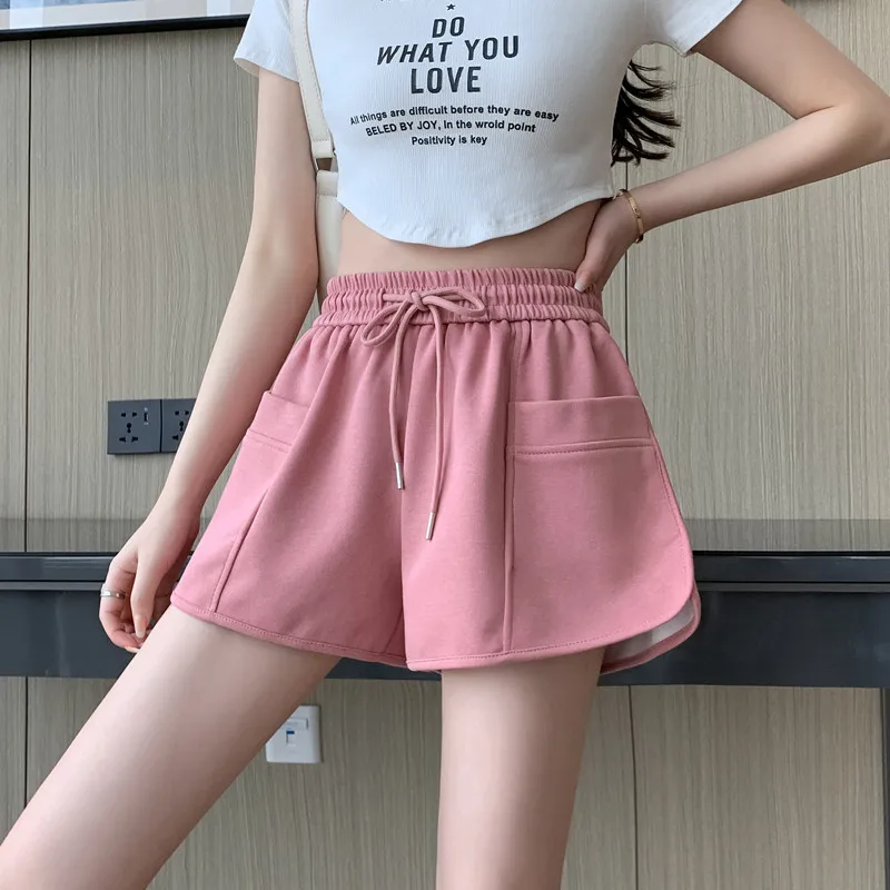 Shorts Women Drawstring High Waist Sports Shorts Summer Wide Leg Large Pocket Loose Female Shorts Korean All-match Bottoms 2023