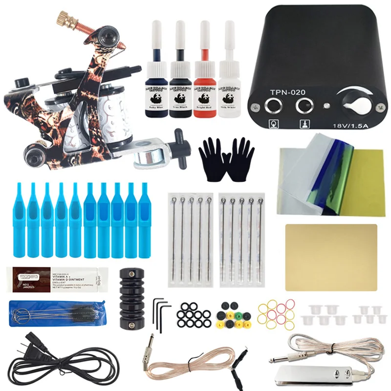 Tattoo Machine Complete Kit Ink Machine Guns Set LCD Power Supply Equipment 360-degree Foot Switch Beginner