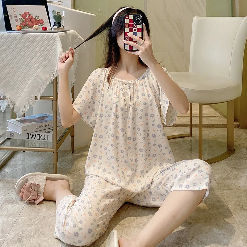 2023 Summer Cotton Silk Women's Pajamas Short-sleeved Cropped Trousers Suit Fresh Pastoral Style Quality Home Service