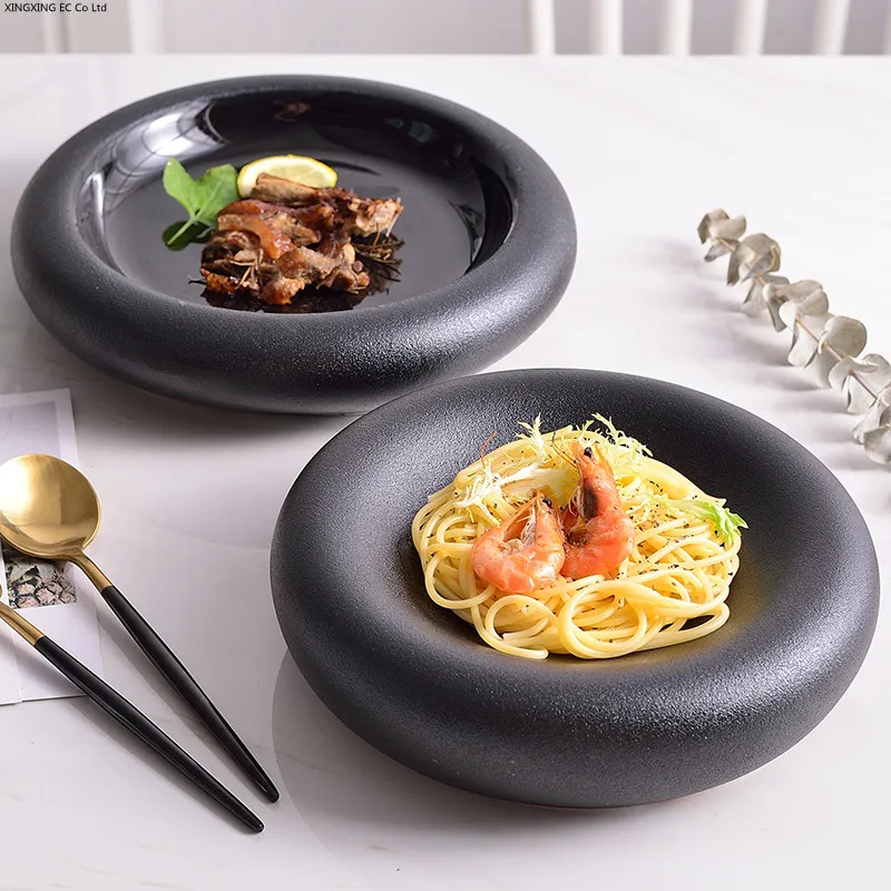 

9 Inches Dinner Set Plates and Dishes Matte Black Ceramic Plate Japanese Round Deep Dish Pasta Plate Dishes Dessert Plate