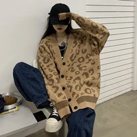 korean style leopard print cardigan sweater women autumn winter fashion v neck knit sweater coat female casual loose sweater