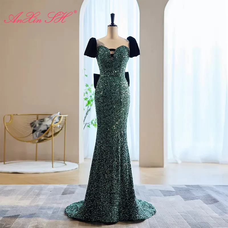 

AnXin SH princess green sweetheart puff sleeve mermaide beading crystal big bow Host lace up party sparkly trumpet evening dress