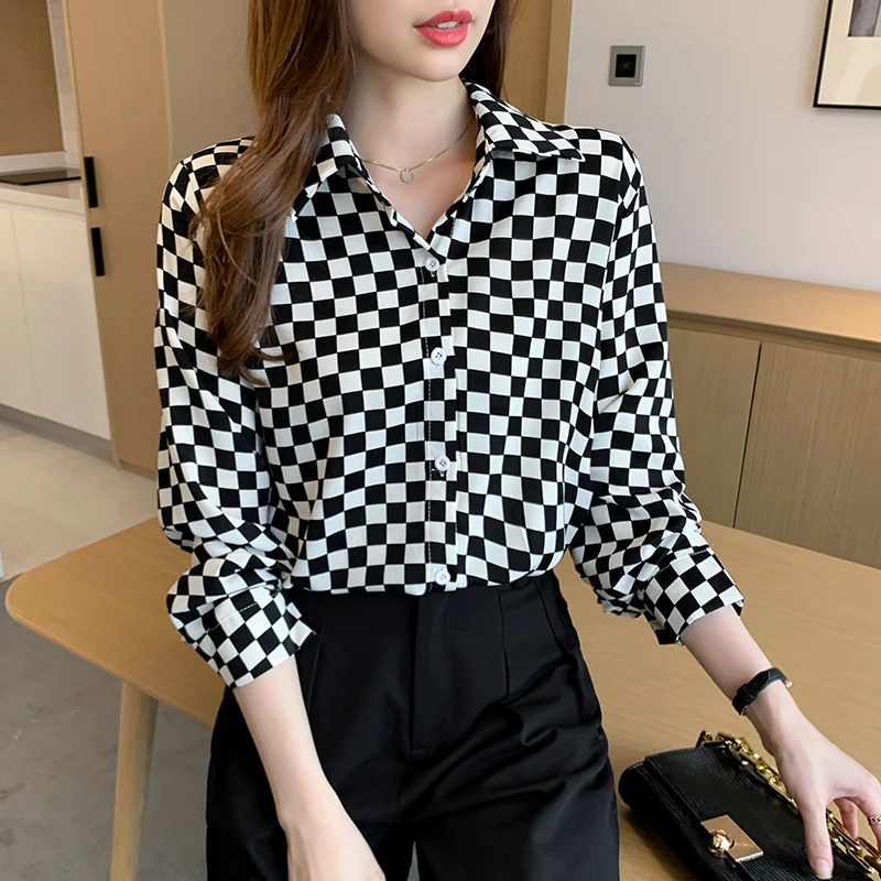 

Ladies Tops Spring Autumn 2022 Long Sleeve Women Blouses Checkered Button Up Loose Office Lady Plaid Shirt Camisas De Mujer 532H