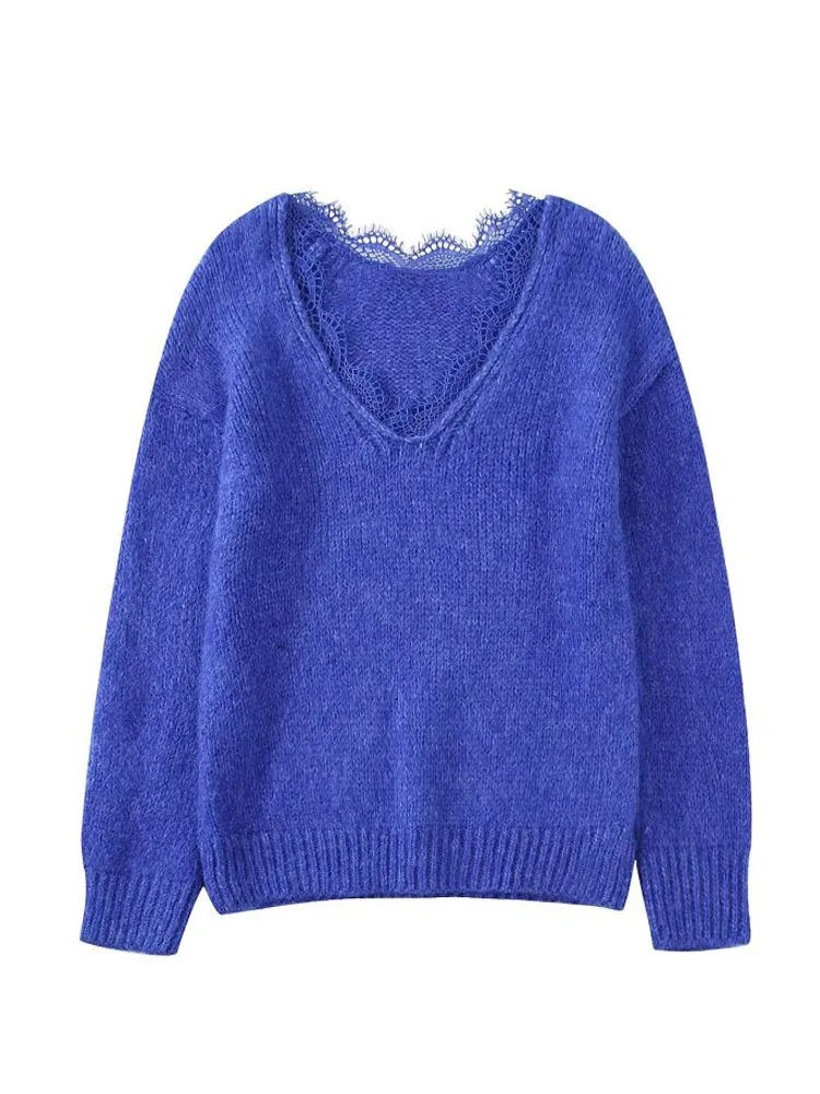 

Осень 2022, Женские Вязаные кружевные свитера, модный однотонный женский уличный пуловер с V-образным вырезом и длинным рукавом, свитер, одежд...