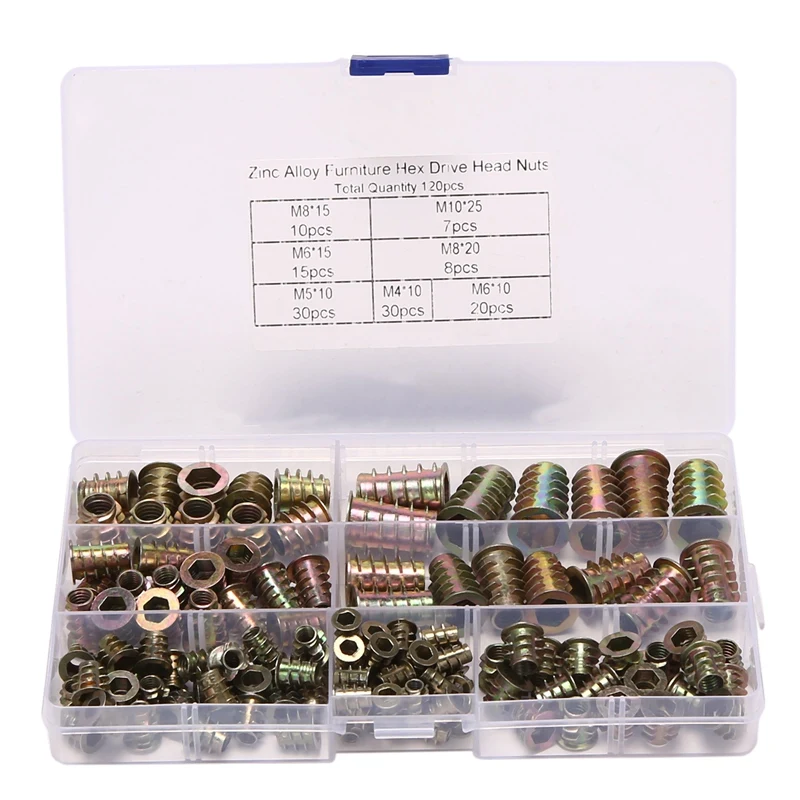 

120 Piece Metric Thread Insert Nut Type Tool Kit For Wood Furniture Zinc Alloy Furniture Bolt Fastener Connector Hex Socket Scre