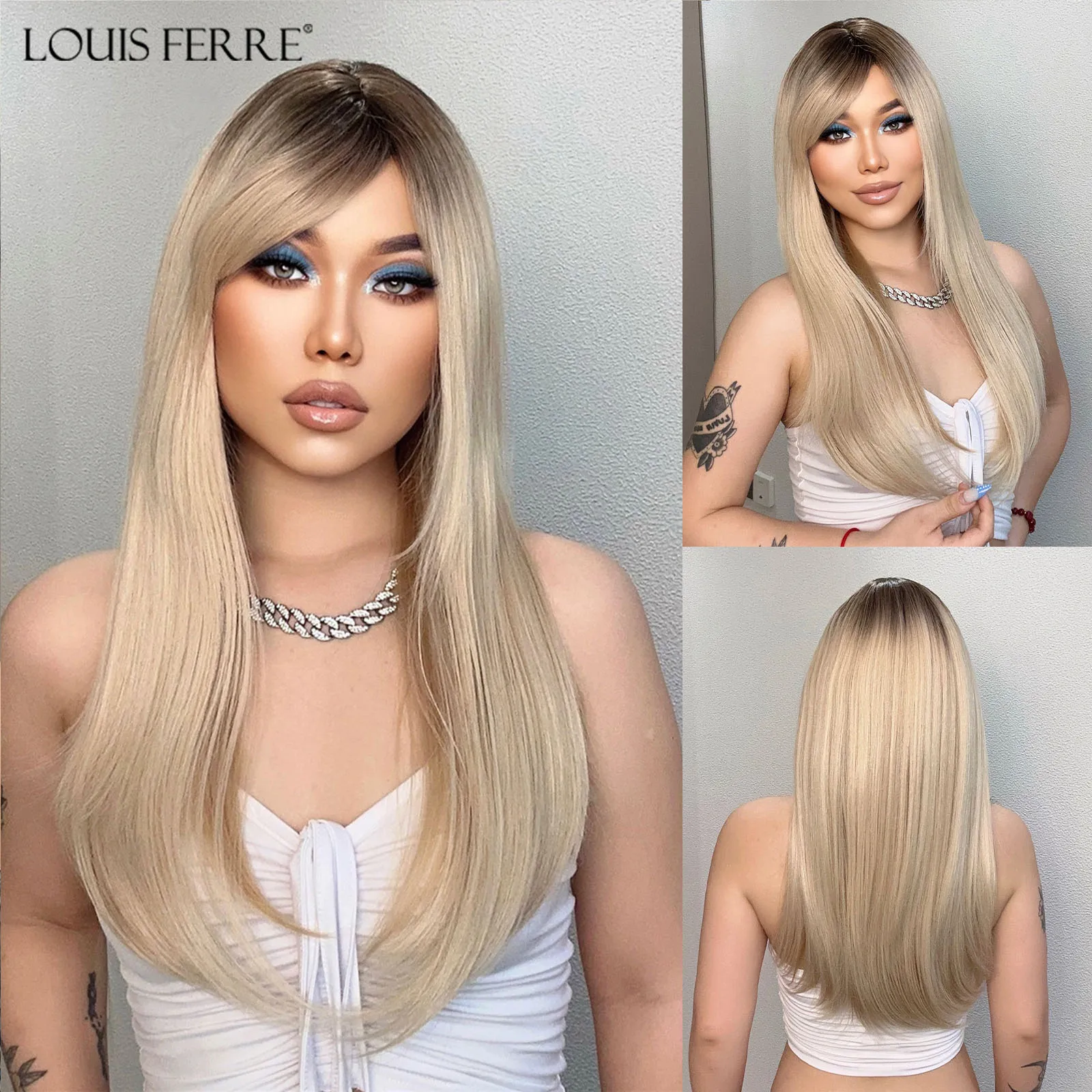 

LOUIS FERRE Long Silk Straight Synthetic Wigs with Bangs Ombre Light Blonde Dark Root Heat Resistant Wig For Women Daily Cosplay