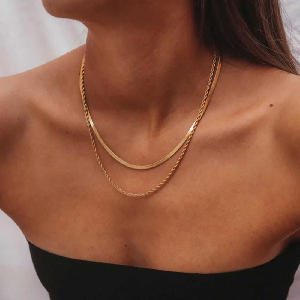 

Hip Hop Style Double Layered Titanium Steel Necklace Women Trendy Simple Gold Snake Bone Chain Spicy Jewelry