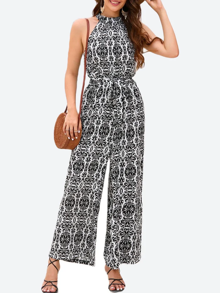 

Benuynffy Womens Jumpsuits Summer Outfits 2023 New Boho Casual Vacation High Waist Sleeveless Wide Leg Long Pants with Belt