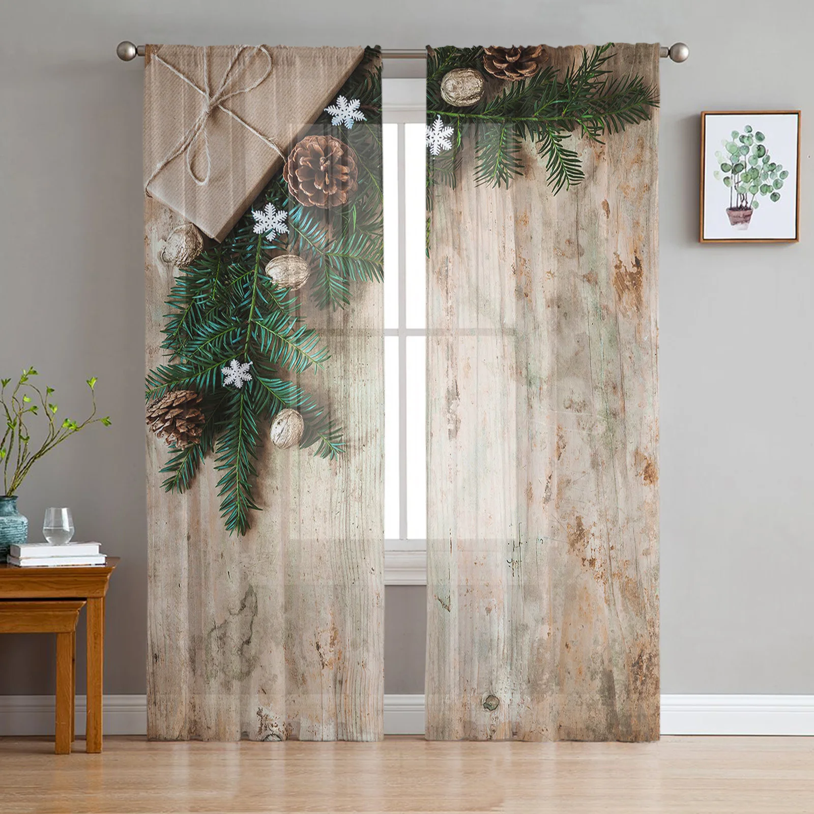 

Christmas Old Wooden Board Pine Cones Needles Tulle Sheer Window Curtains for Living Room Bedroom Decor Voile Curtains Drapes