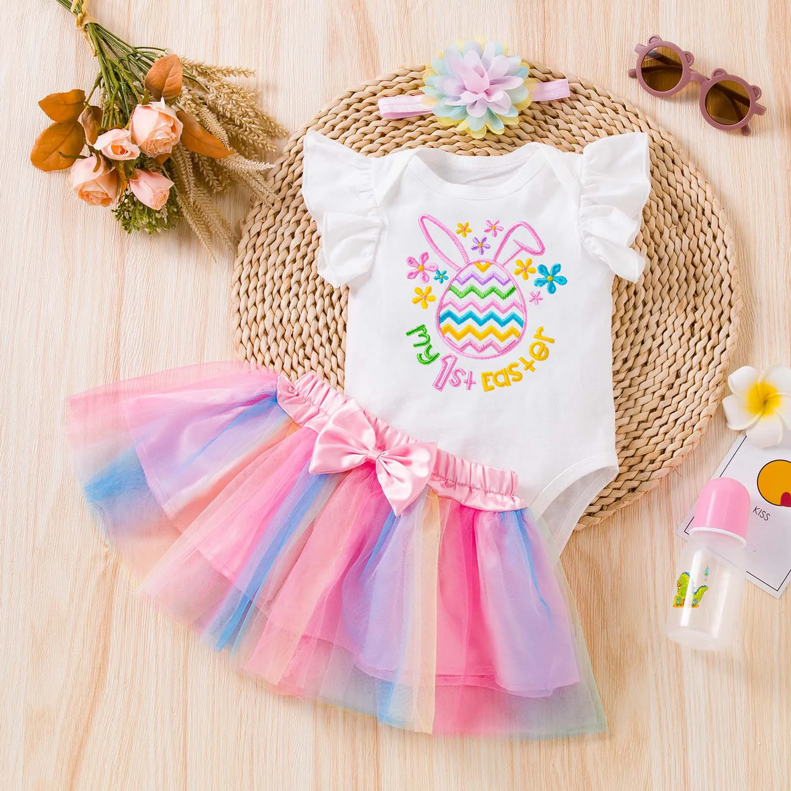

Toddler Infant Girls Easter Day Outfits Fly Sleeve Cartoon Print Romper Bow Tie Net Yarn Short Skirt Kids Headbands Set For Girl