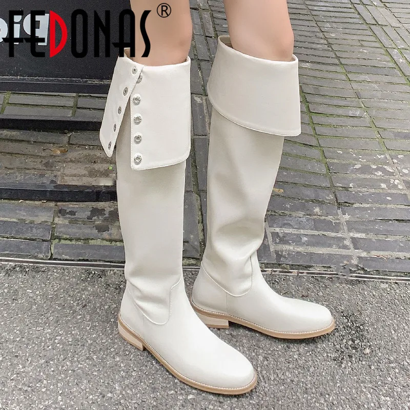 

FEDONAS Punk Fashion Metal Women Over The Knee High Boots Low Heels Genuine Leather Shoes Woman Four Season Tight High Boots