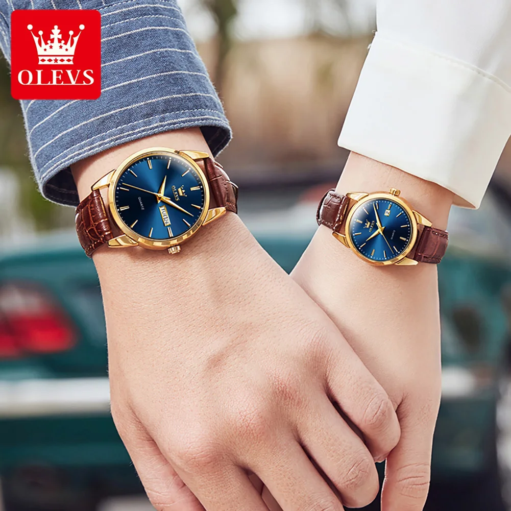 OLEVS 6898 Couple Wristwatch Quartz Waterproof Luminous Casual Watch With Calendar Leather Clock Valentine's Romantic Gifts Set