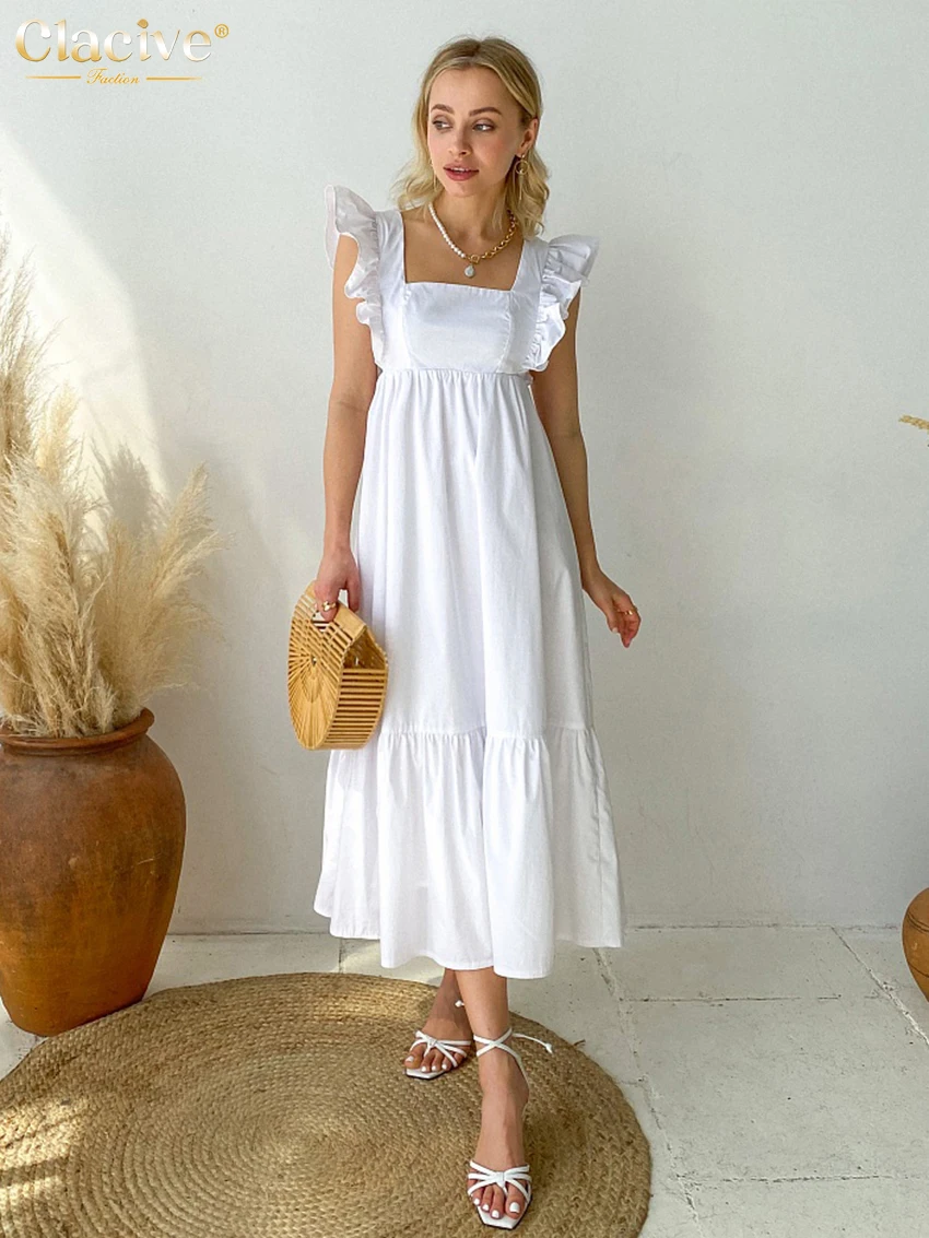 

Летнее свободное белое платье Clacive, женское модное платье без рукавов с квадратным воротником, длиной до щиколотки, элегантные платья с обор...
