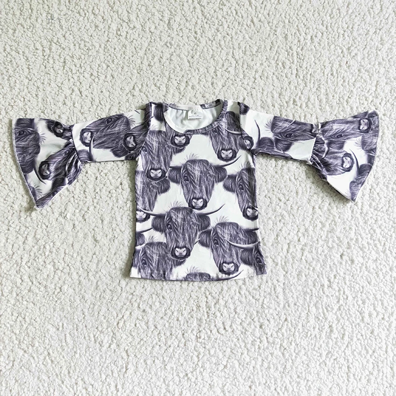 

Baby Girl Western Highland Cow Shirt Bell Long Sleeve Top Kids Wholesale Children Clothing Holiday Fall Winter T-shirt clothes