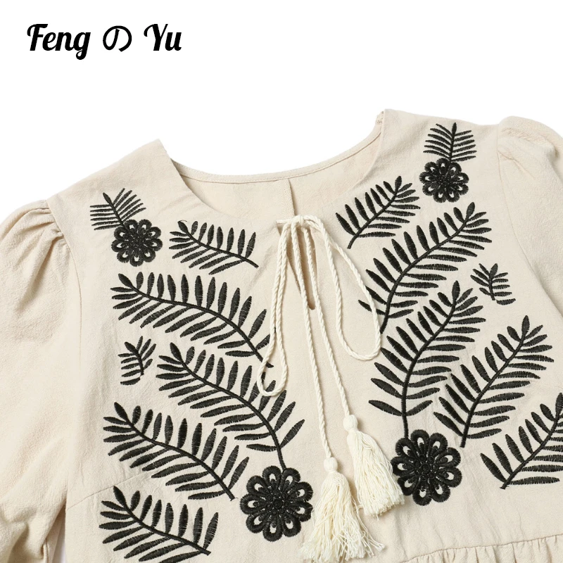 2022 Summer Embroidered Flower Boho Sun Dress Drawstring High Waist Vintage Cotton Linen Party Long Dress Women Casual Lantern images - 6