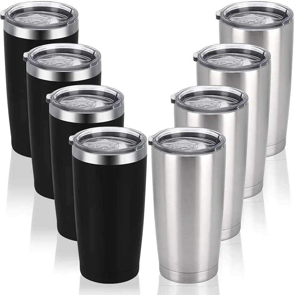 

20 oz Stainless Steel Travel Tumblers with Lids Straws, Vacuum Insulated Coffee Cup , ( Silver+Black )