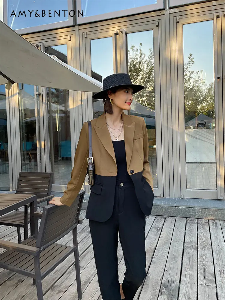 

Spring Autumn New Temperament Outfits Suit Fashion Stitching Suit Jacket High Waist Slimming Pants Two-Piece Set for Women