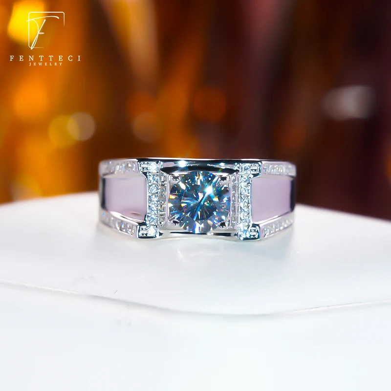 FENTTECI 925 Sterling Silver D Color Moissanite Men's Ring Simple 4 Prongs Fashion Domineering 1ct Men's Wedding Engagement Ring