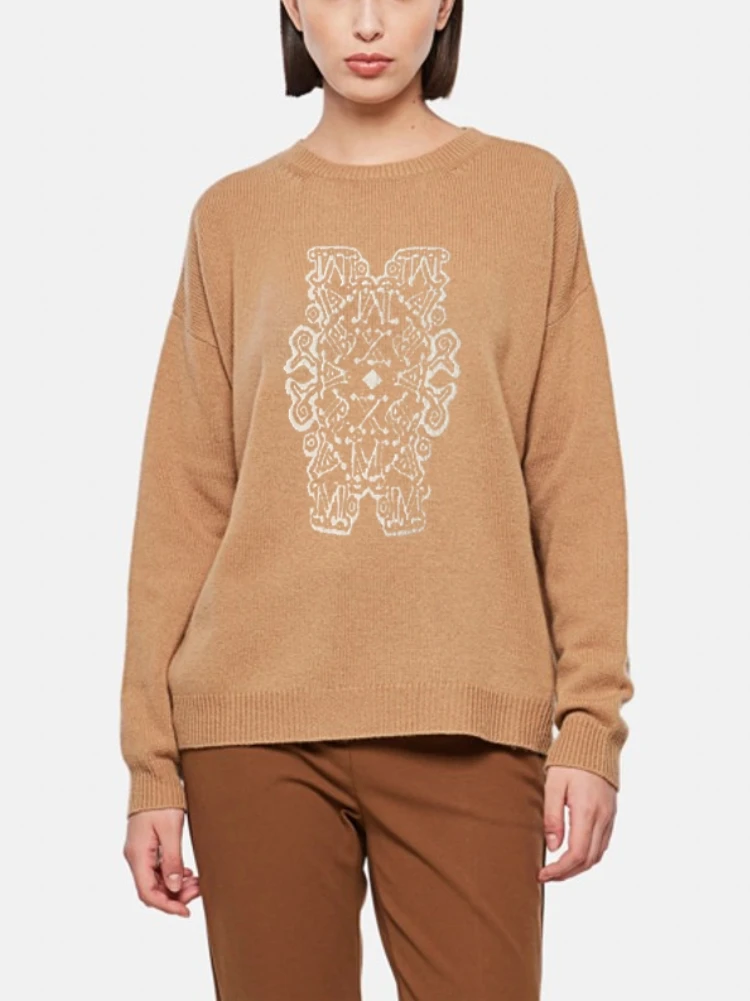

Women Letter Jacquard 100% Wool Sweaterautumn New 2023 Round Neck Casual Long Sleeve Simple Female Knitted Jumper
