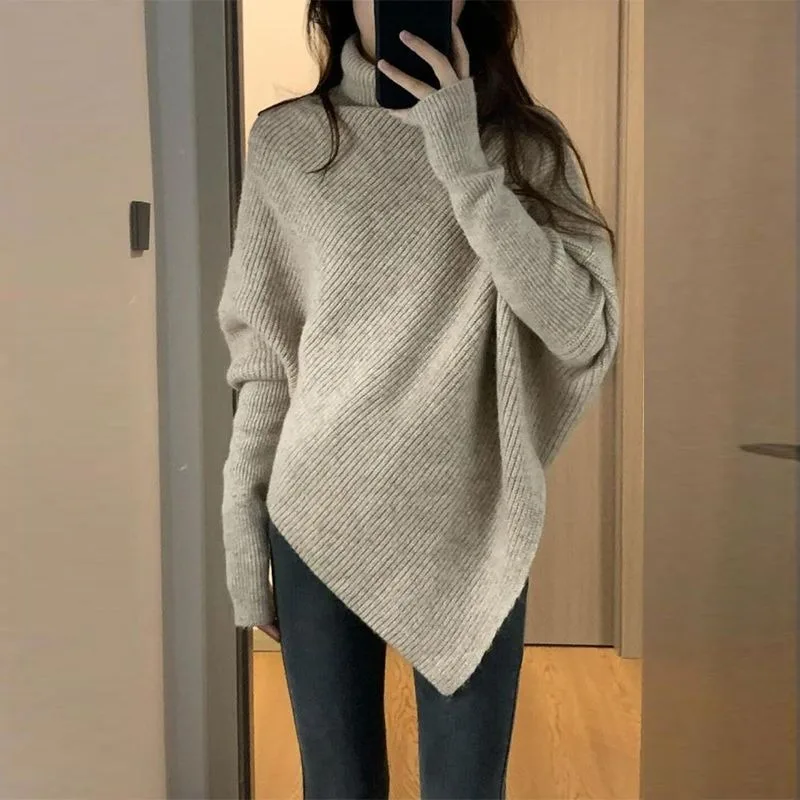 

Women's Autumn Warm Sweater Knitted Top Thickened Irregular High Neck Solid Long Sleeve Fashion Streetwear Knitting For Women