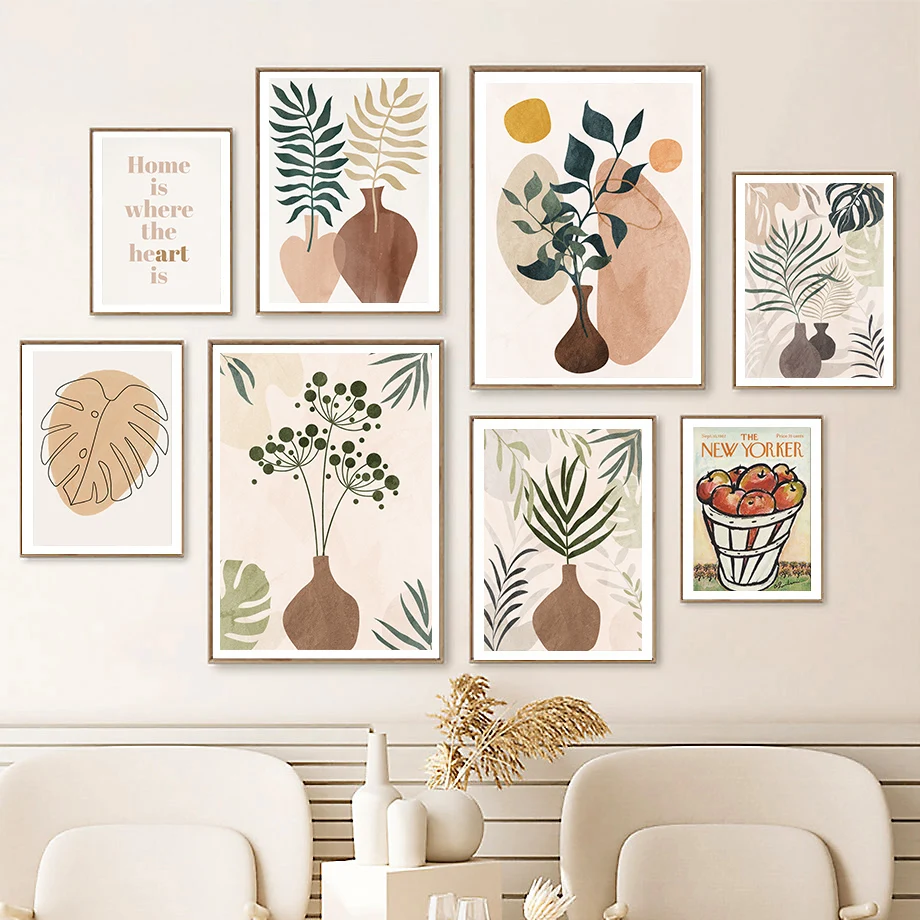 Скандинавский постер с листьями вазой солнцем каньонами геометрический