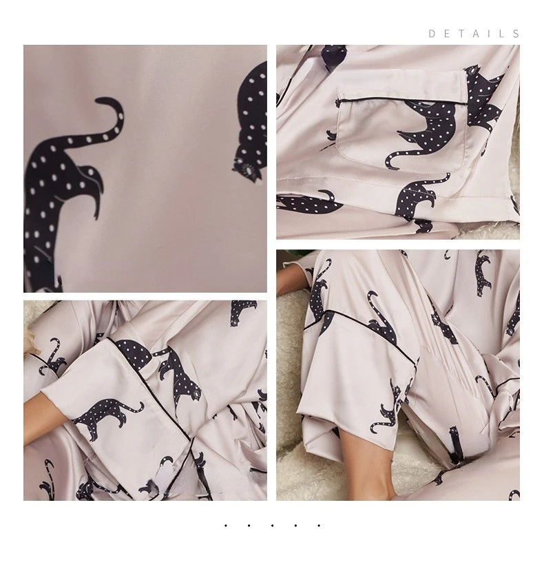 Women's 2 Piece Pajamas Sets Leopard Print Pijama Ice Silk Pyjama Female Sleepwear Long Sleeve Shirt Trouser Homewear Loungewear