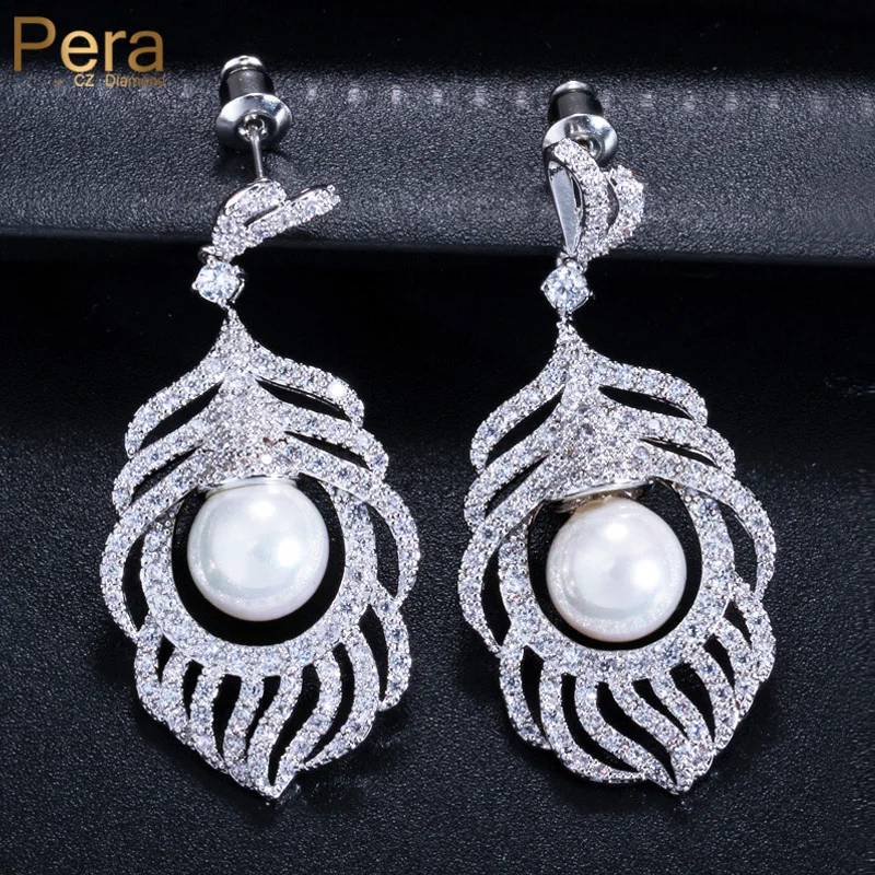 

Pera Exquisite Leaf Shape Inlay Full CZ Stone Silver Color Long with Big Pearl Drop Earring Elegant Party Jewelry for Women E009